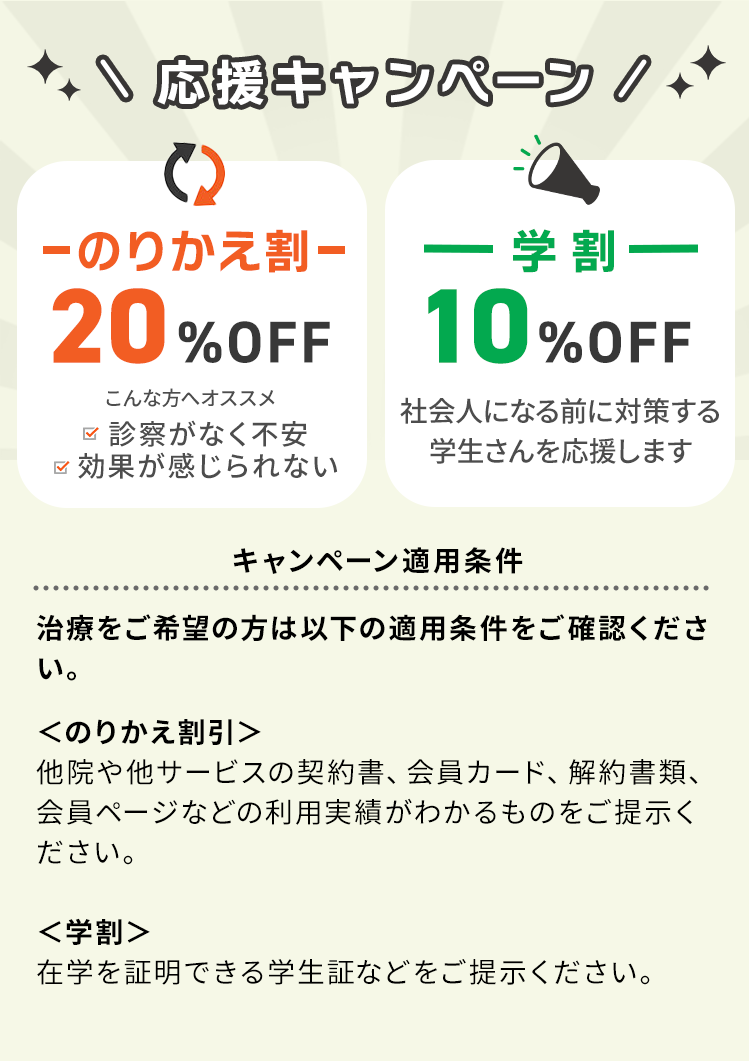 応援キャンペーン！乗り換え割20%OFF、学割10%OFF